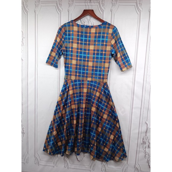 LuLaRoe Dress Women's SZ M Fit & Flare Blue/Bronze Plaid Half Sleeves Pockets EC - Picture 15 of 15